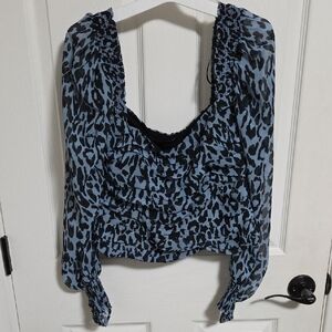 Zara Light Blue and Black Leopard Smocked Crop Blouse